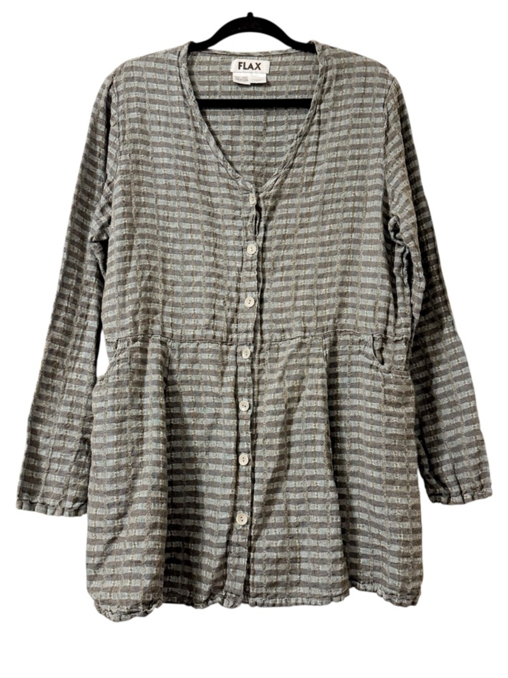 Flax Linen Green Toned Button Down Long Sleeve Tunic Top With Pockets Medium